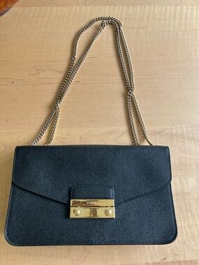 FURLA Chain Crossbody Handbag Black Onyx with Gold Trim